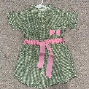 Green Gingham Dress with Pink Bow